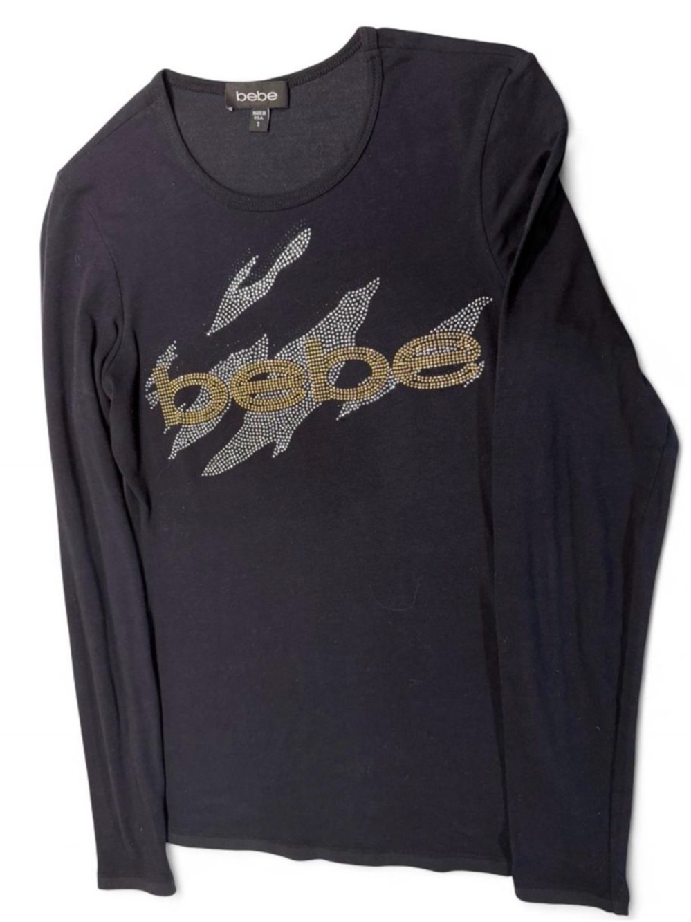 bebe Black Long Sleeve Rhinestone Logo Top with Gold & Silver Accents